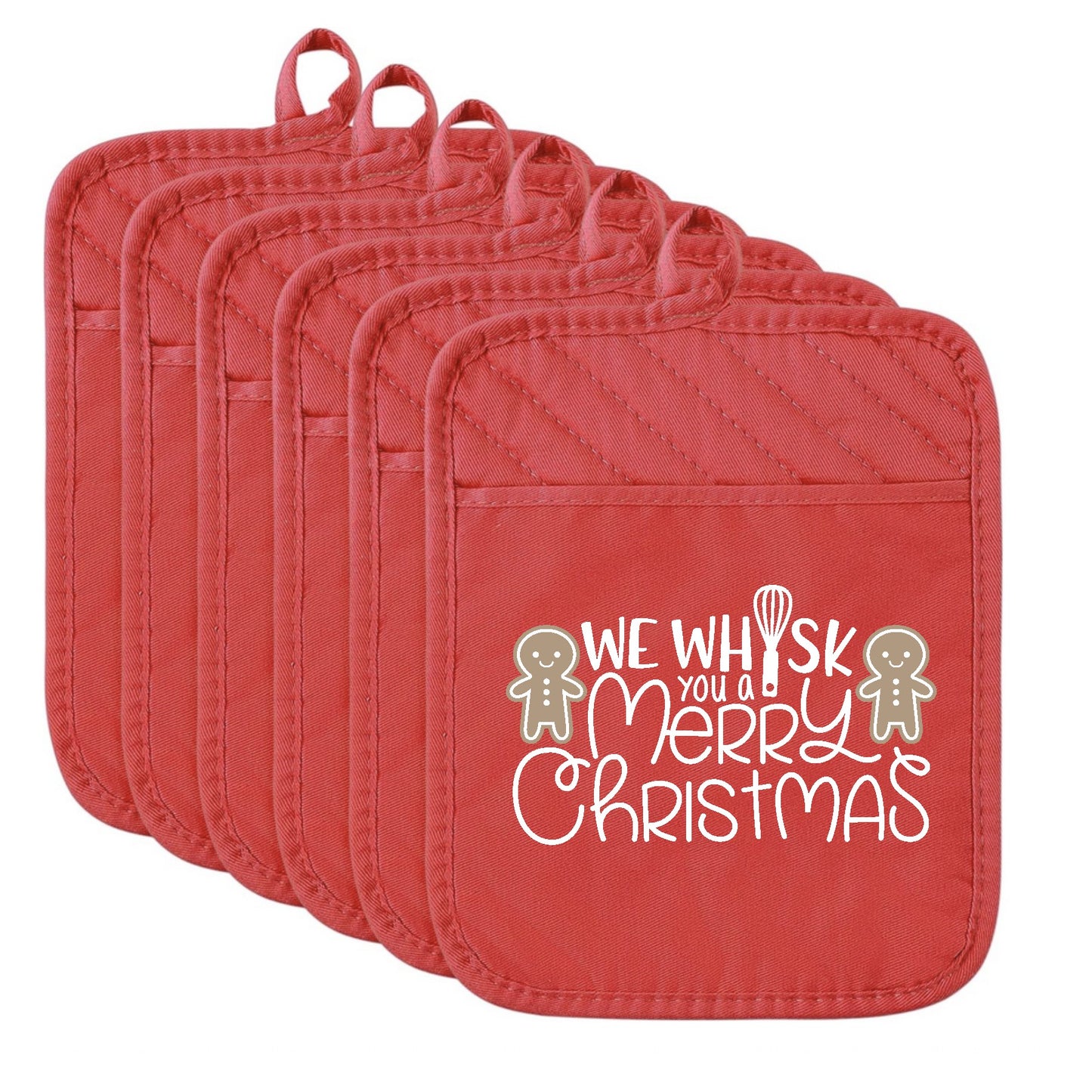 Set of red pot holders with 'We Whisk You a Merry Christmas' text on a white background