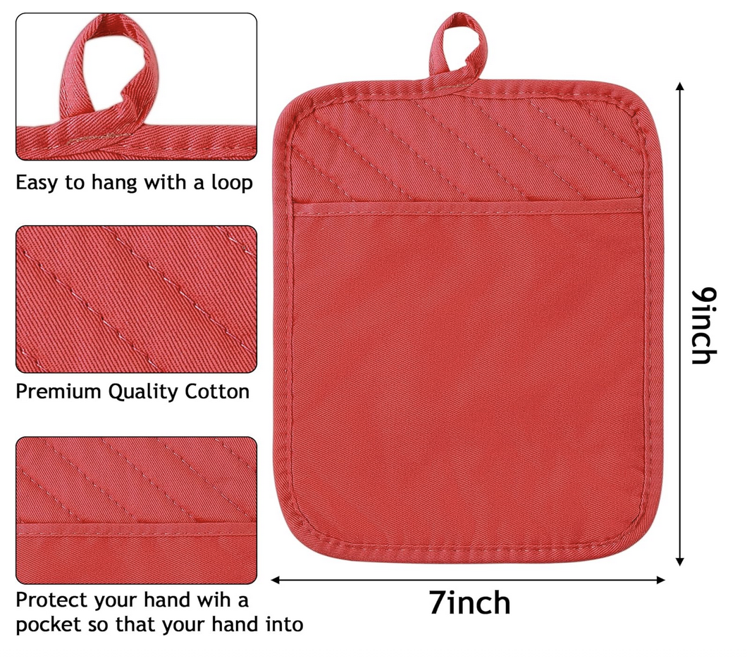 Red pot holder with measurements and features on a white background