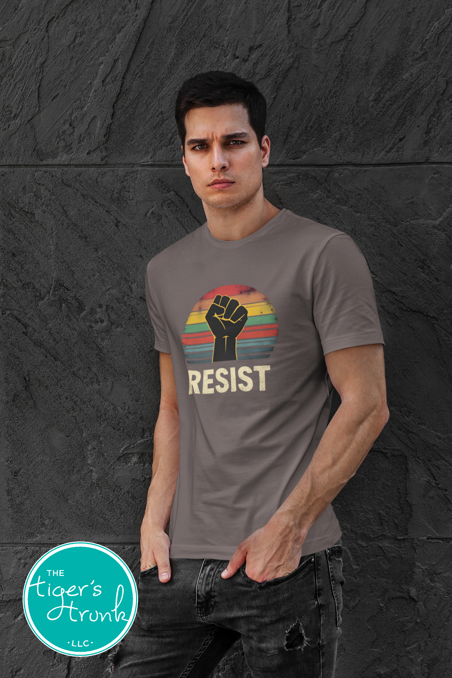 Protest t-shirt with Resist and a bold fist graphic, symbolizing activism and social justice