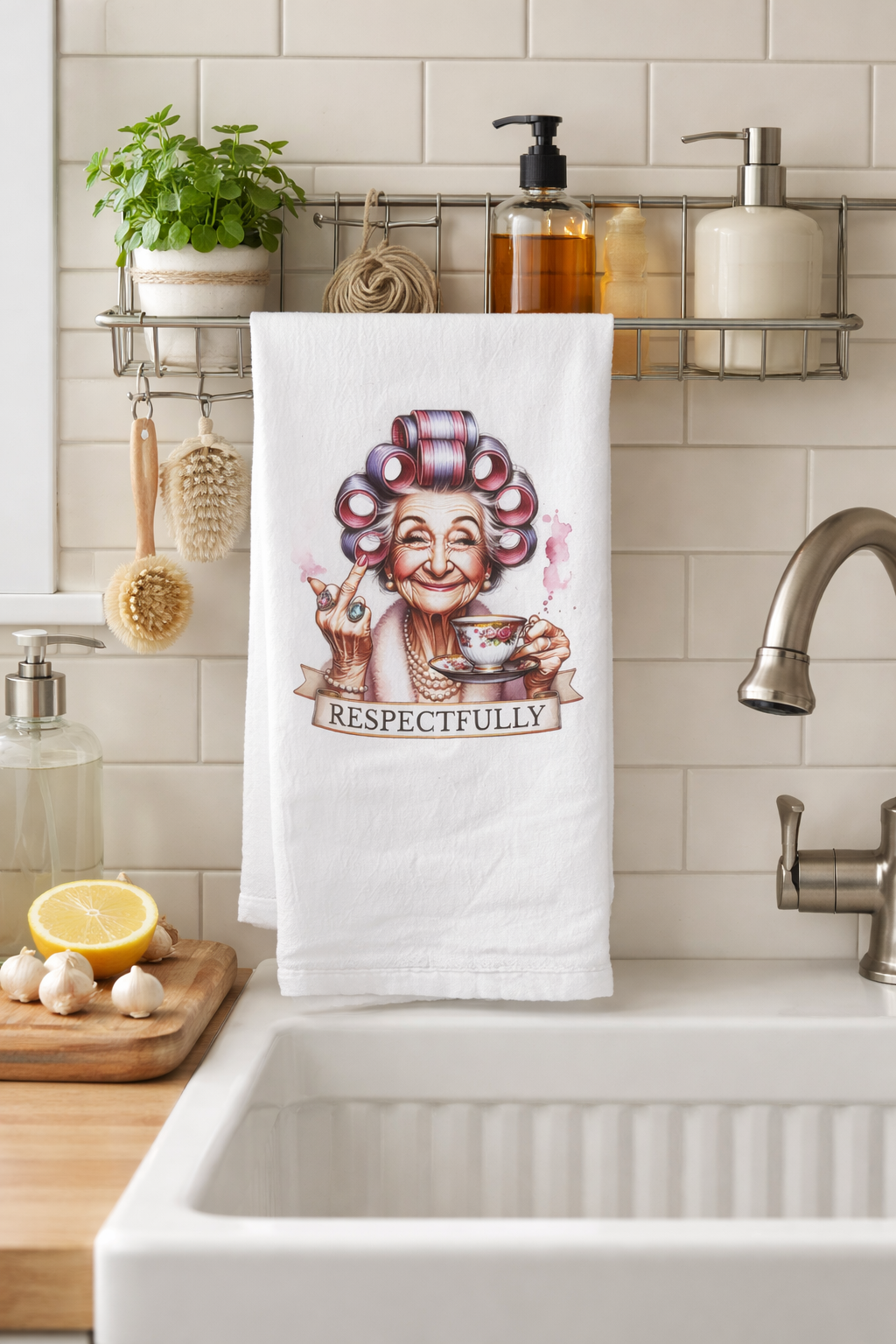 Kitchen towel with a cartoon character holding a coffee cup and the word 'Respectfully' in a kitchen setting.