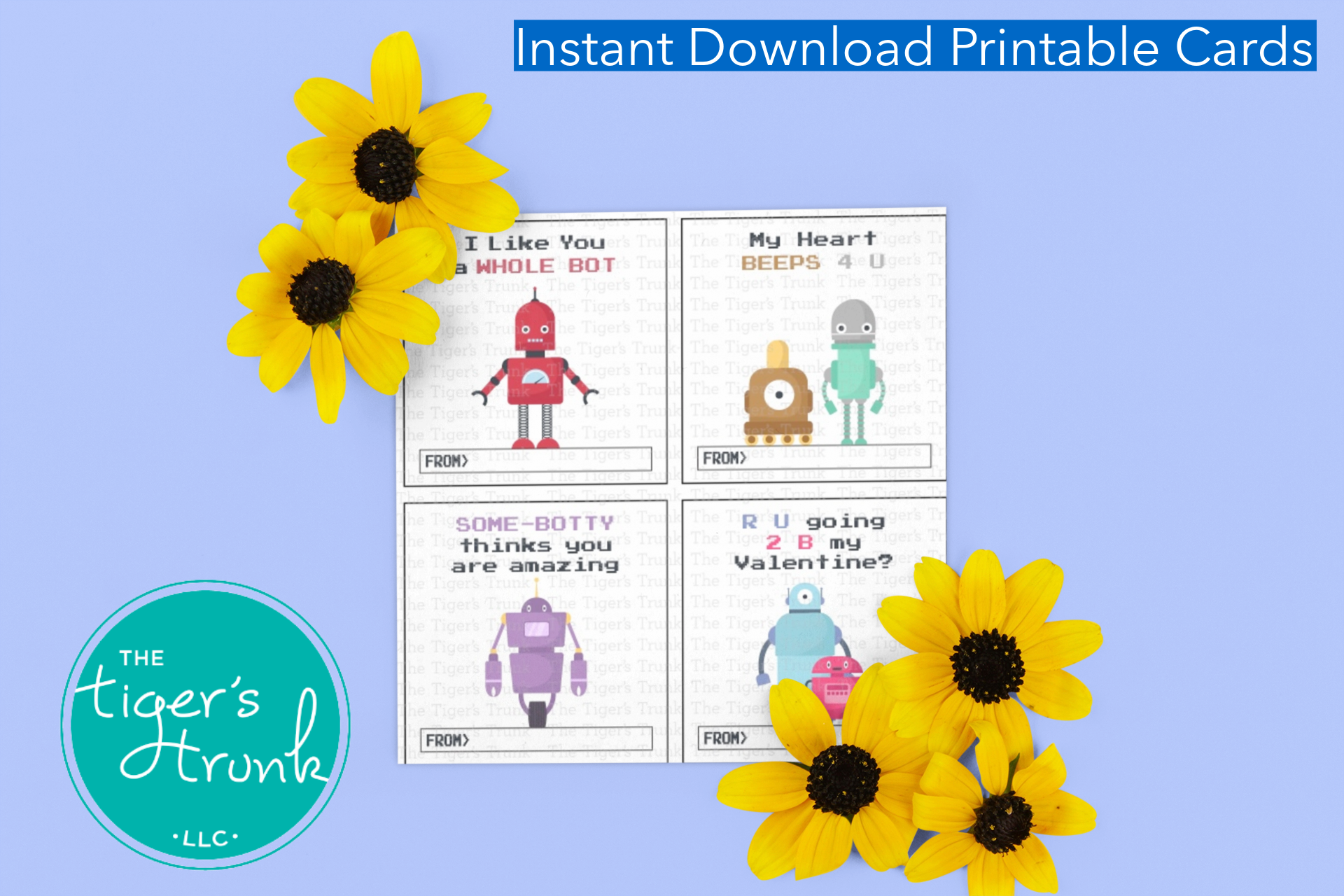 Robot-themed Valentine square tags, an instant download set of four designs, perfect for STEM-inspired Valentine’s Day gifts and favors.
