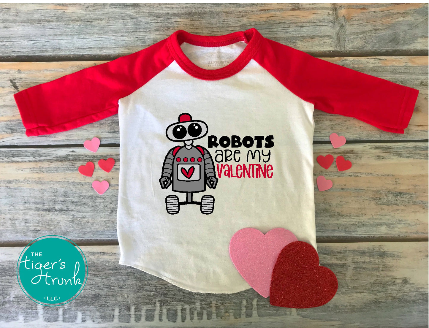 Kids Valentine’s Day STEM-inspired t-shirt with the phrase Robots Are My Valentine, perfect for young robotics enthusiasts.