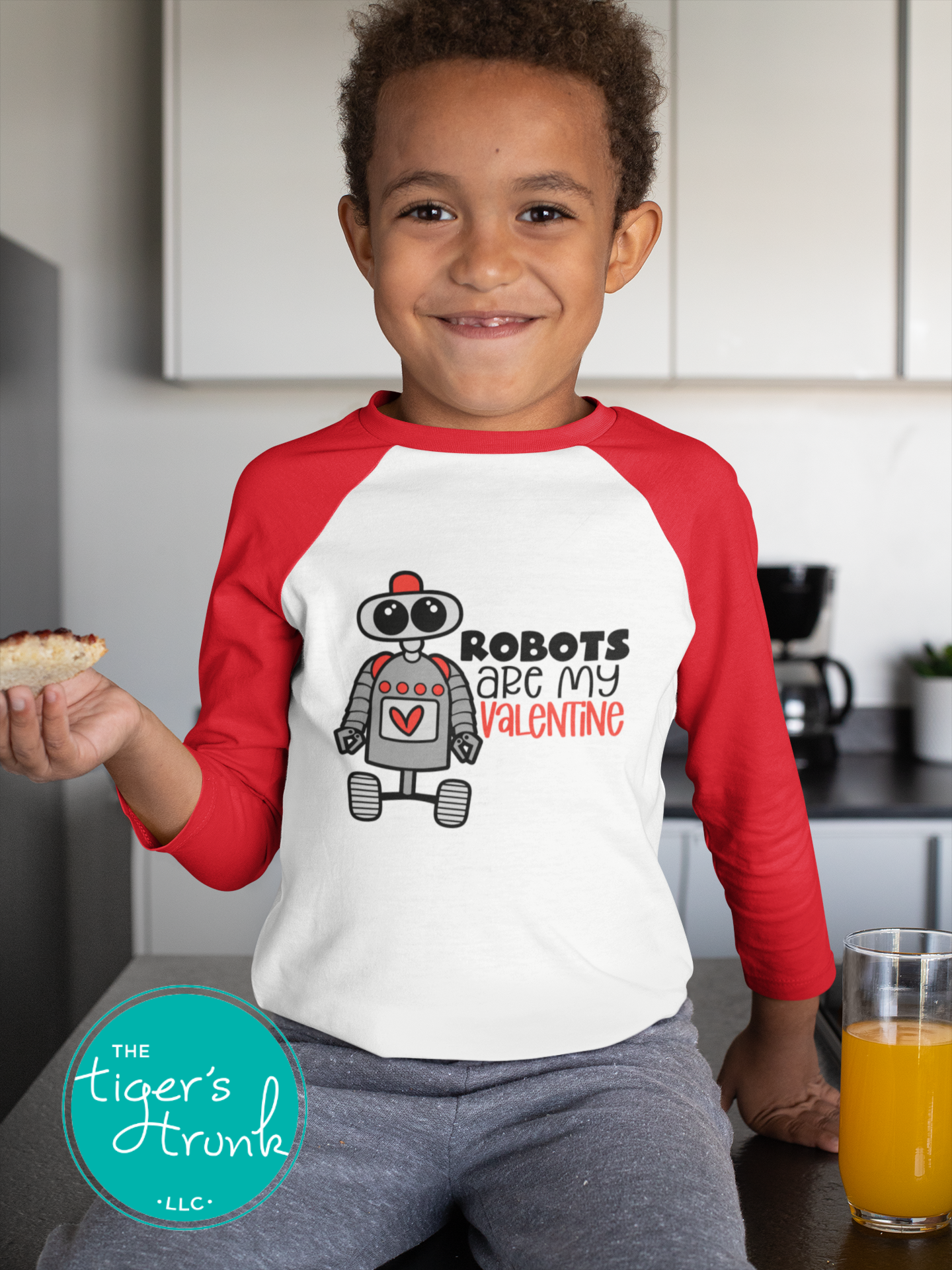 Kids Valentine’s Day STEM-inspired t-shirt with the phrase Robots Are My Valentine, perfect for young robotics enthusiasts.