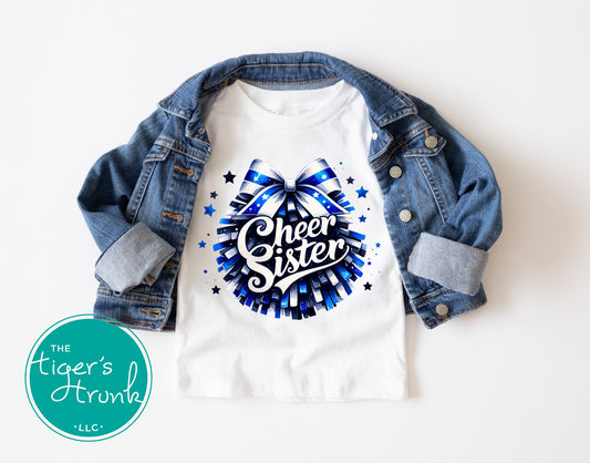 White t-shirt with 'Cheer Sister' design and denim jacket on a white background, featuring 'The Tiger's Trunk' logo.