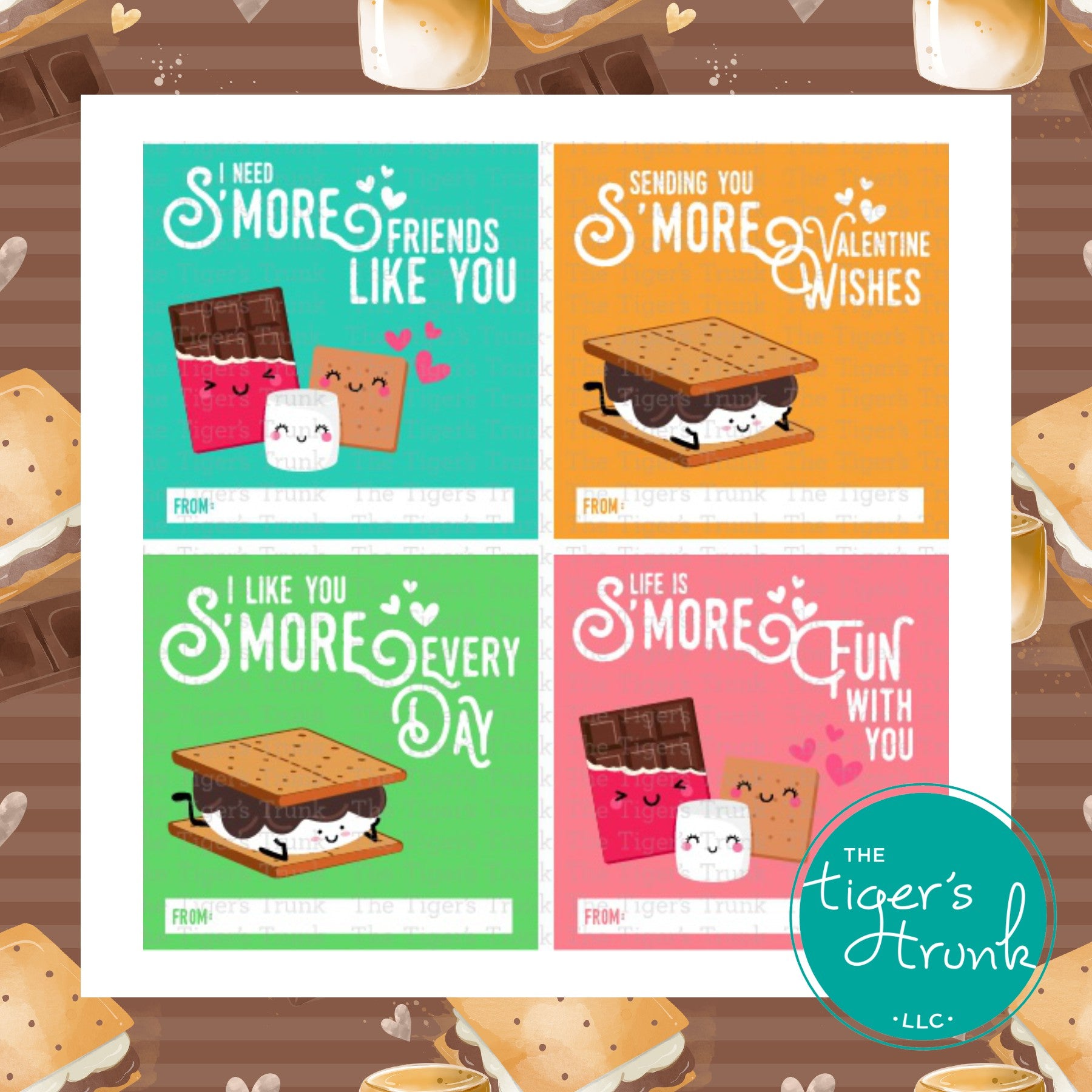 Printable campfire-themed Valentine’s tags featuring messages like "I Need S'more Friends Like You" and "Life is S'more Fun with You."
