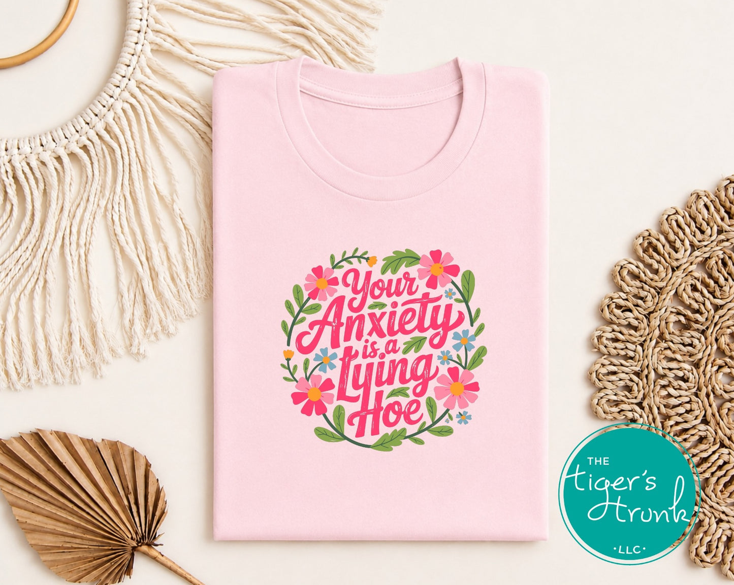 Soft pink floral anxiety humor graphic tee with colorful lettering