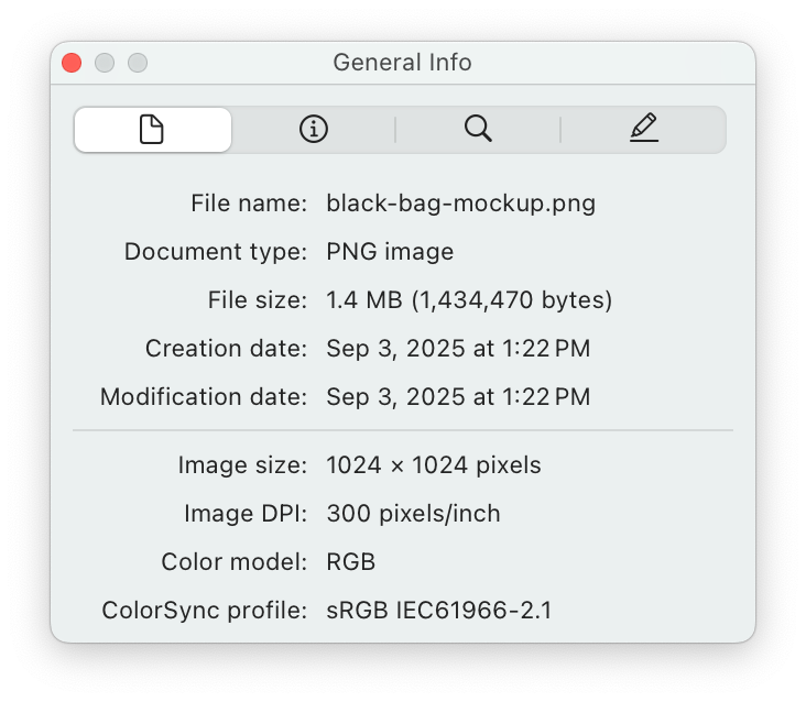 File information window showing a black bag mockup image with details like file name, type, size, and creation/modification dates.