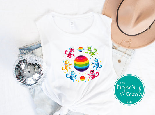 Muscle tank top with rainbow-colored planet and cats in astronaut suits, LGBTQ+ Pride space graphic for cat lovers and allies