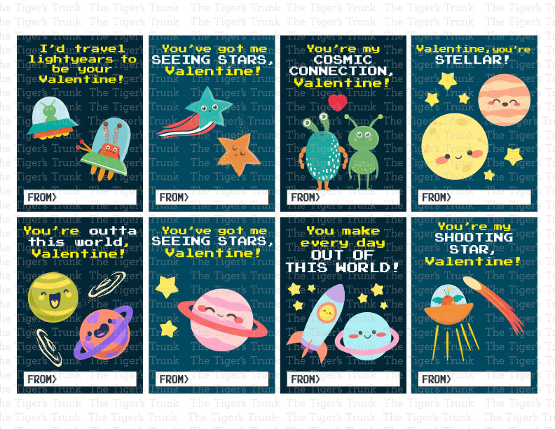 Valentine’s cards with a space theme featuring messages like "You’re My Shooting Star" and "You Make Every Day Out of This World."