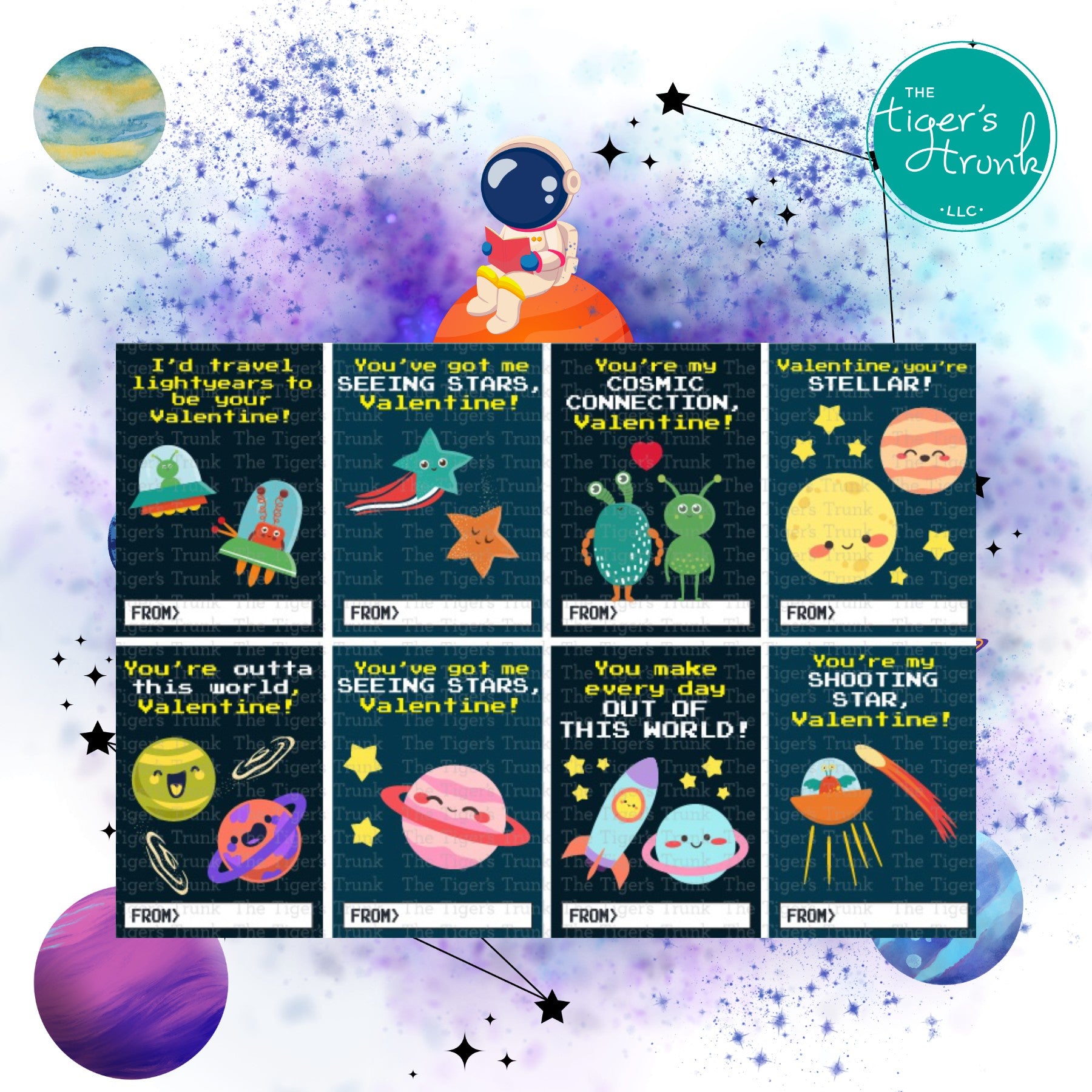 Valentine’s cards with a space theme featuring messages like "You’re My Shooting Star" and "You Make Every Day Out of This World."