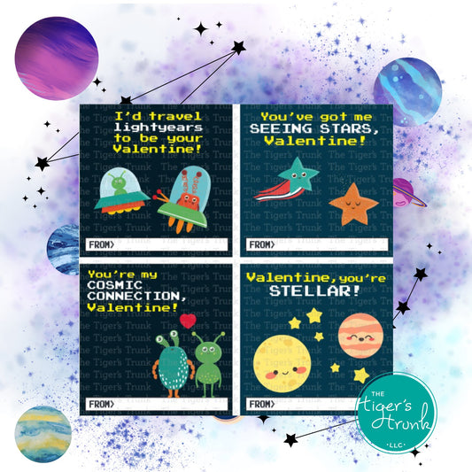 Valentine’s tags with a space theme featuring messages like "You’re Outta This World" and "You’re My Shooting Star."