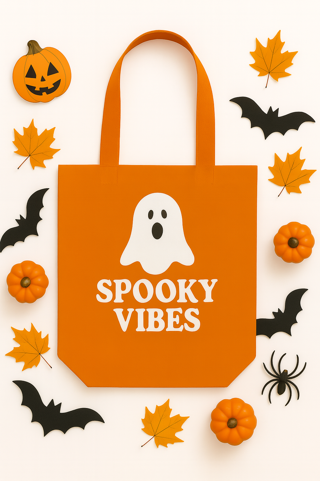 Orange tote bag with ghost and 'Spooky Vibes' text, surrounded by Halloween decorations on a white background.