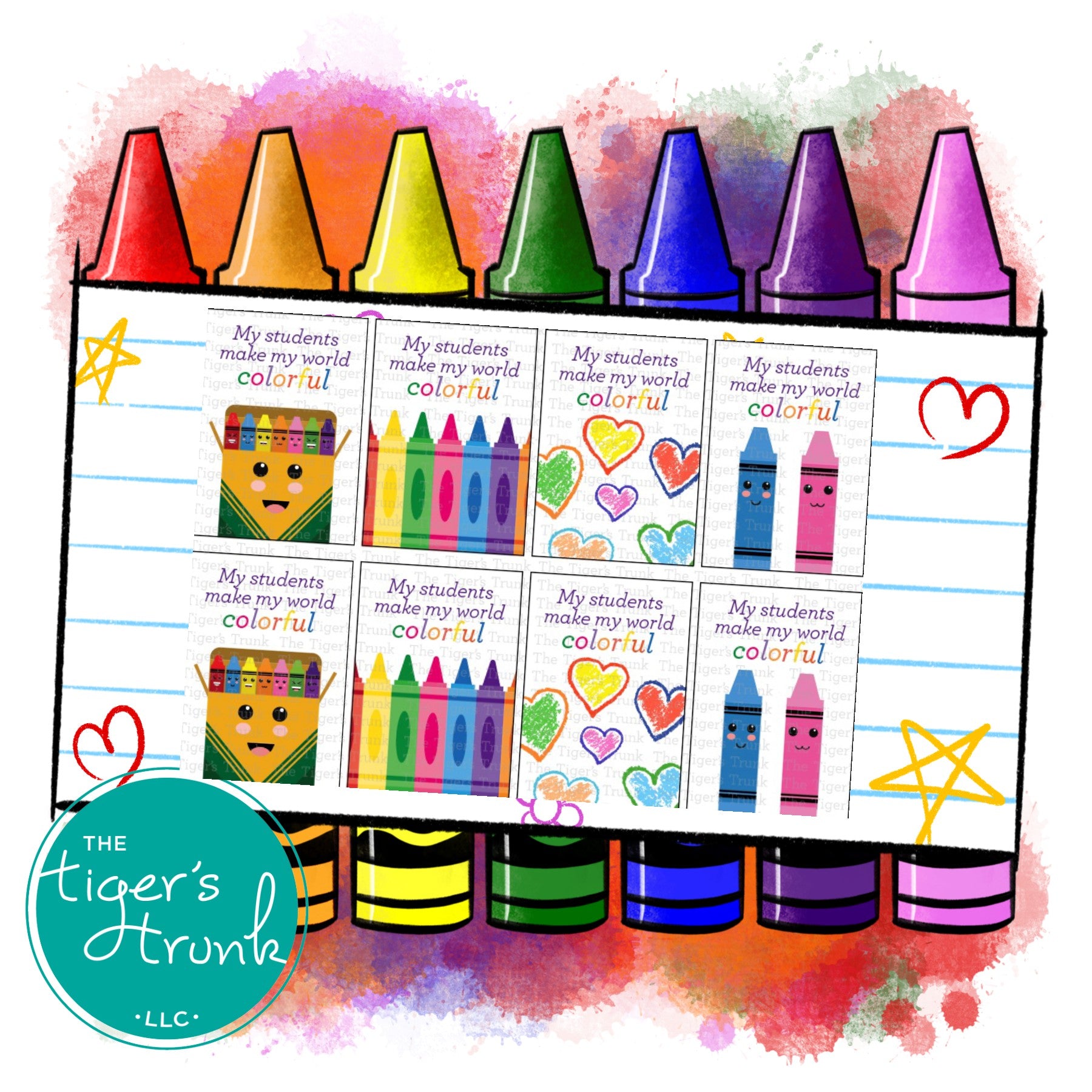 Crayon-themed Valentine cards for teachers to give to students, vibrant and colorful, available as an instant download.