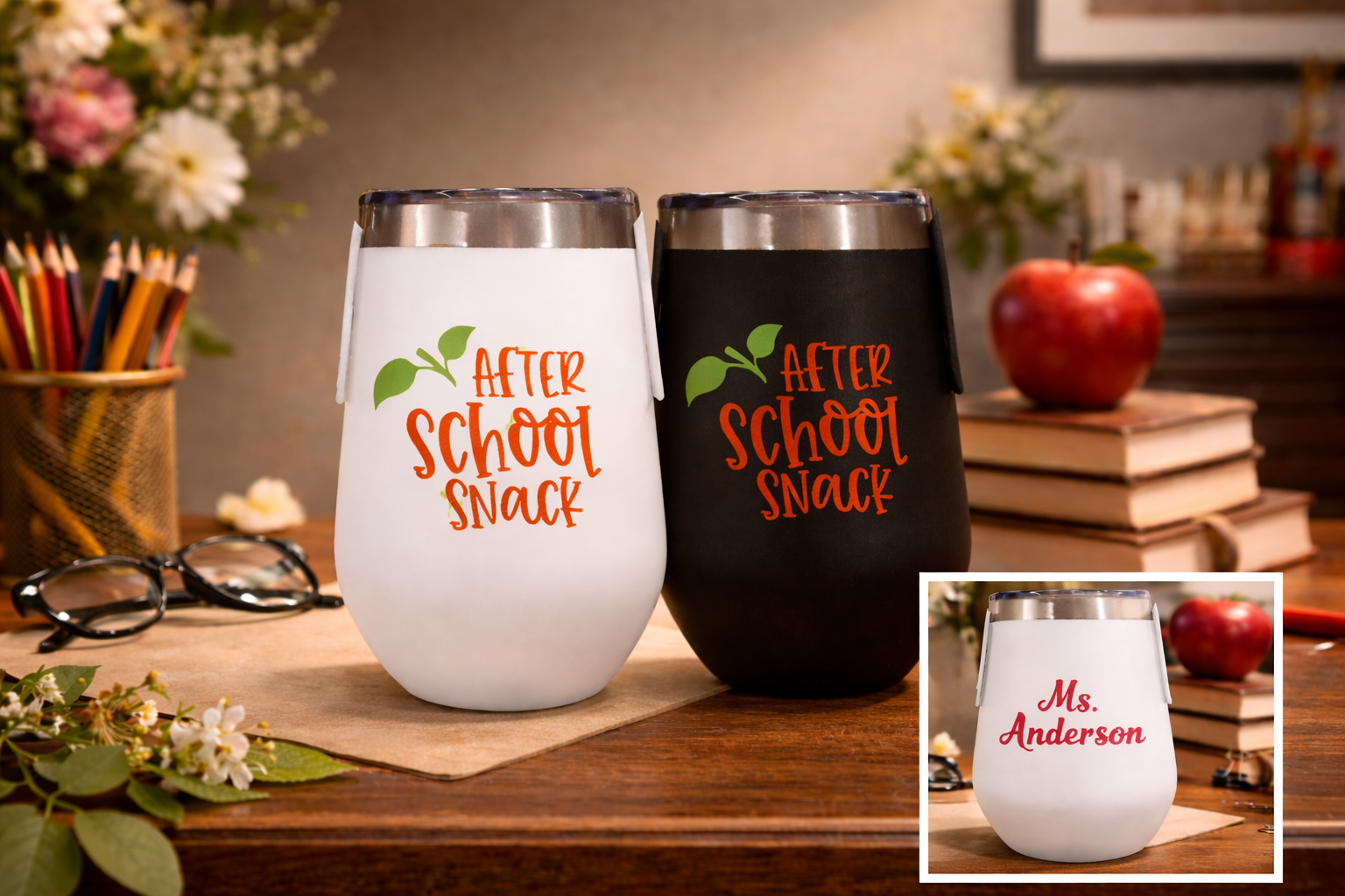 Two tumblers with 'After School Snack' text on a desk with books and apples.
