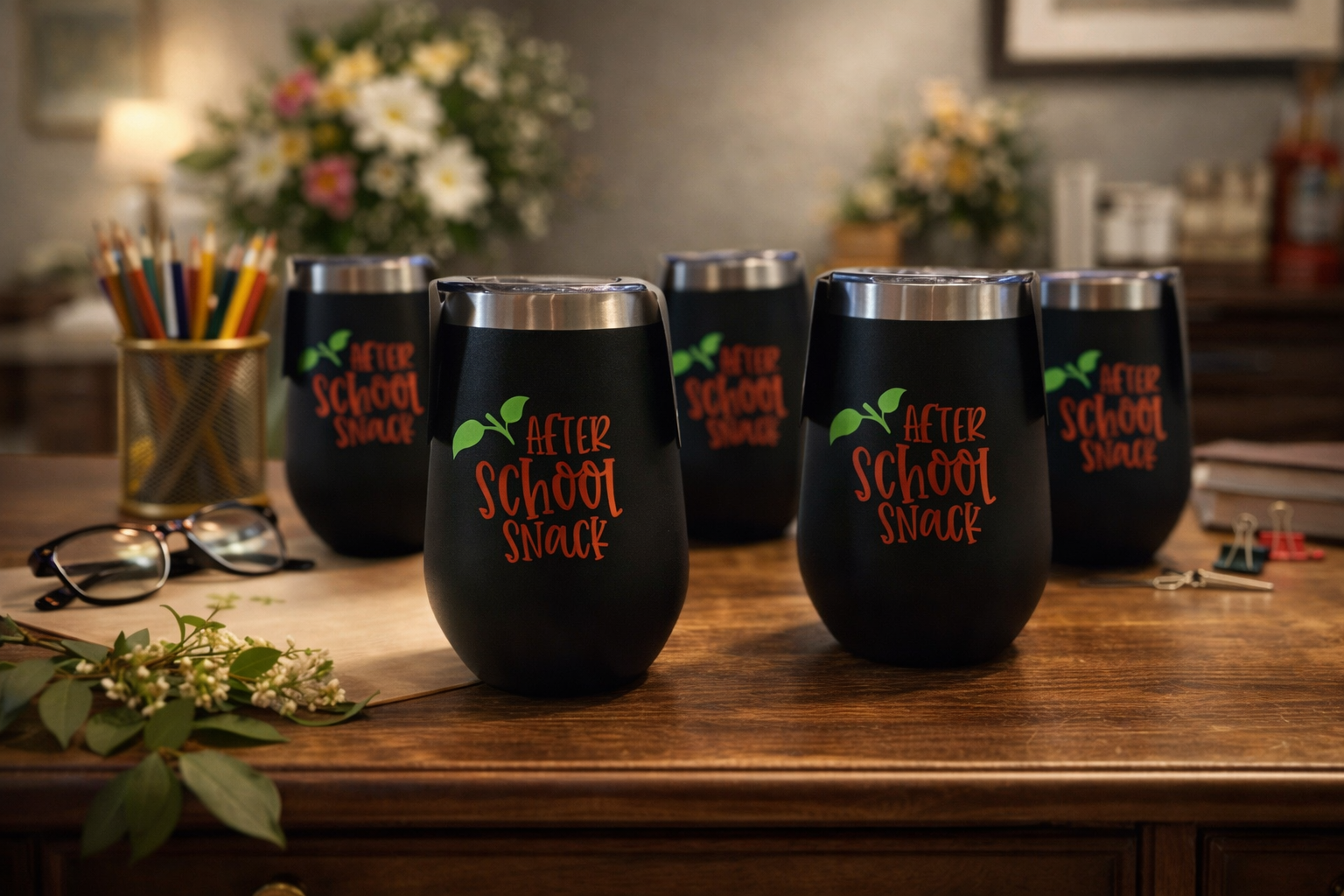 Black tumblers with 'After School Snack' text on a wooden table.
