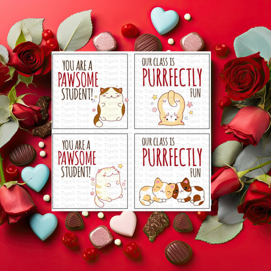 Valentine’s cards with cat-themed messages like "Our Class Is Purrfectly Fun" and "You Are a Pawsome Student."