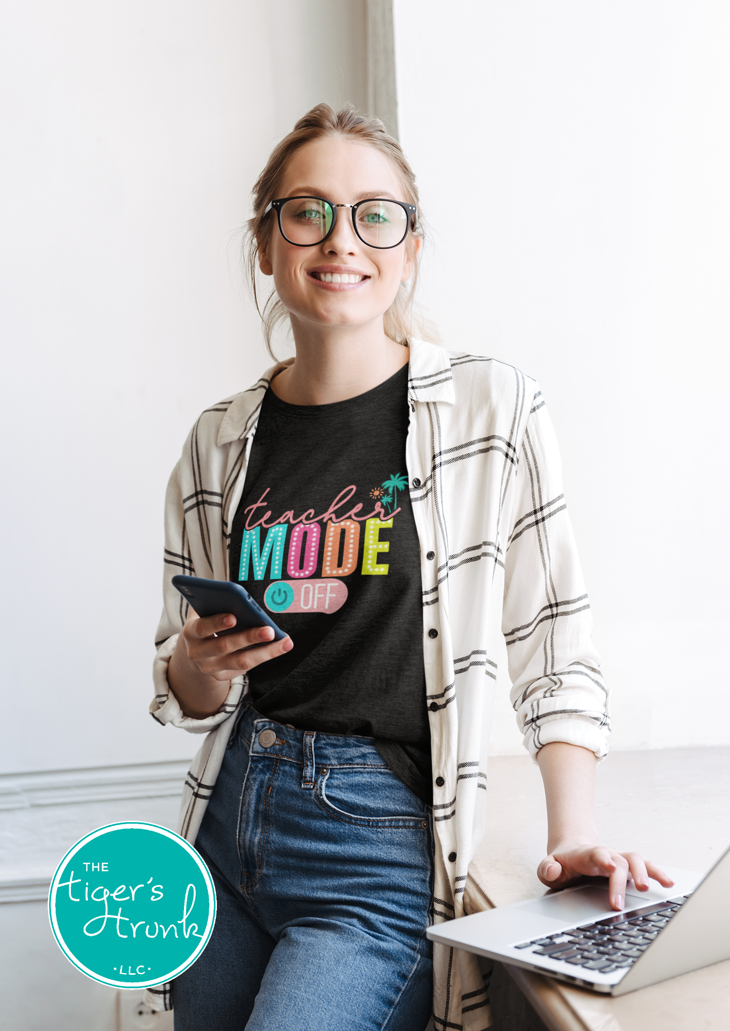 Graphic t-shirt that says "Teacher Mode Off," casual and funny design perfect for teachers celebrating summer break or time off