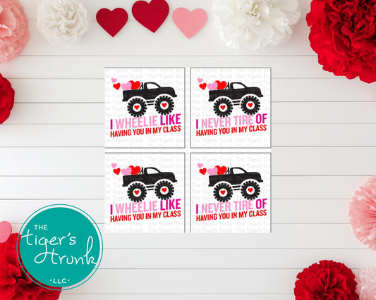 Printable Valentine’s Day cards for teachers featuring monster trucks and hearts, instant download with 4 designs for students.