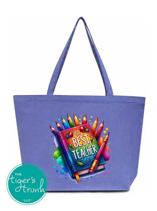 Heavy-duty cotton canvas tote bag with colorful "The Best Teacher" graphic, features gusset and long handles for classroom or everyday use