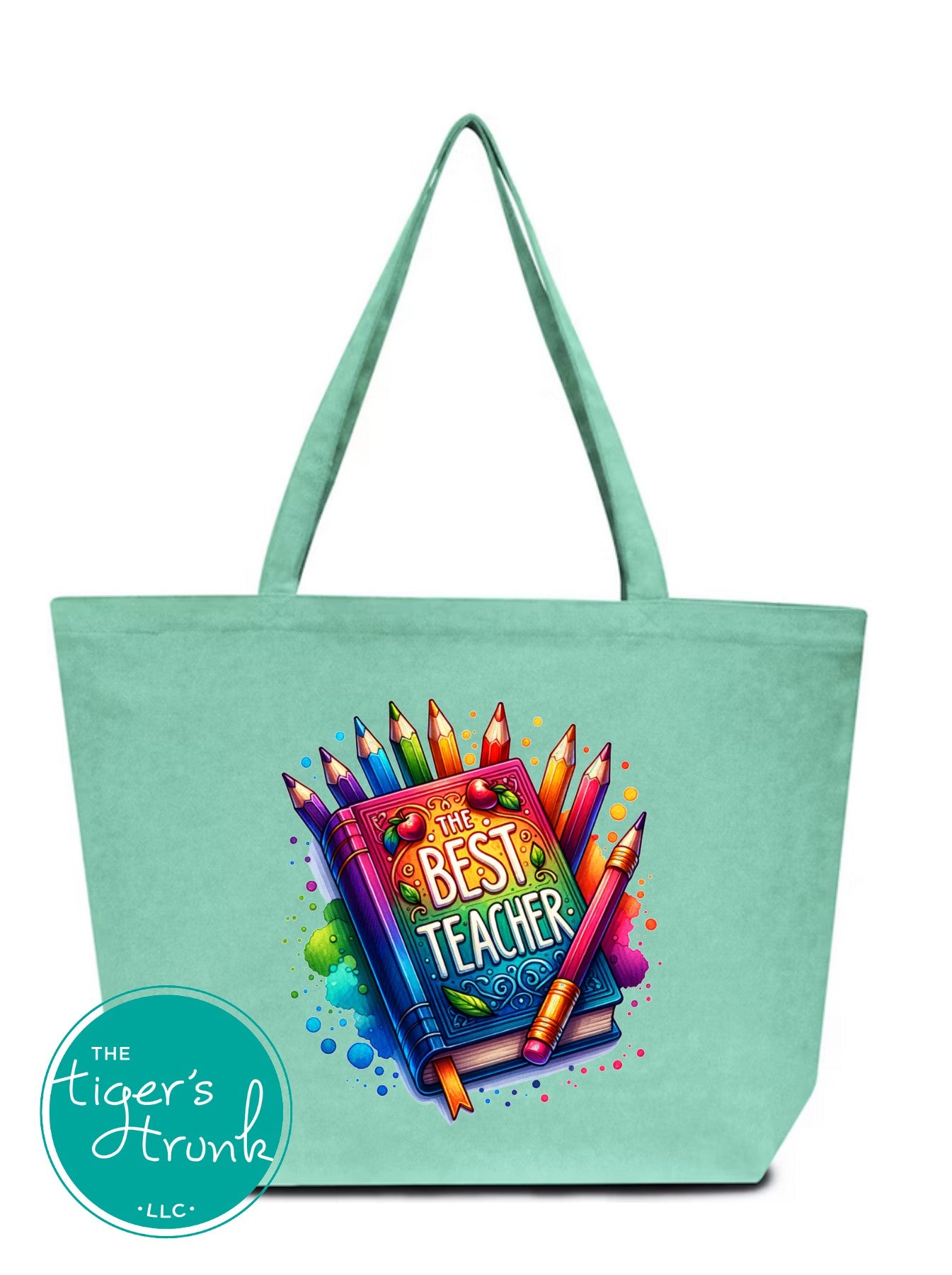 Heavy-duty cotton canvas tote bag with colorful "The Best Teacher" graphic, features gusset and long handles for classroom or everyday use