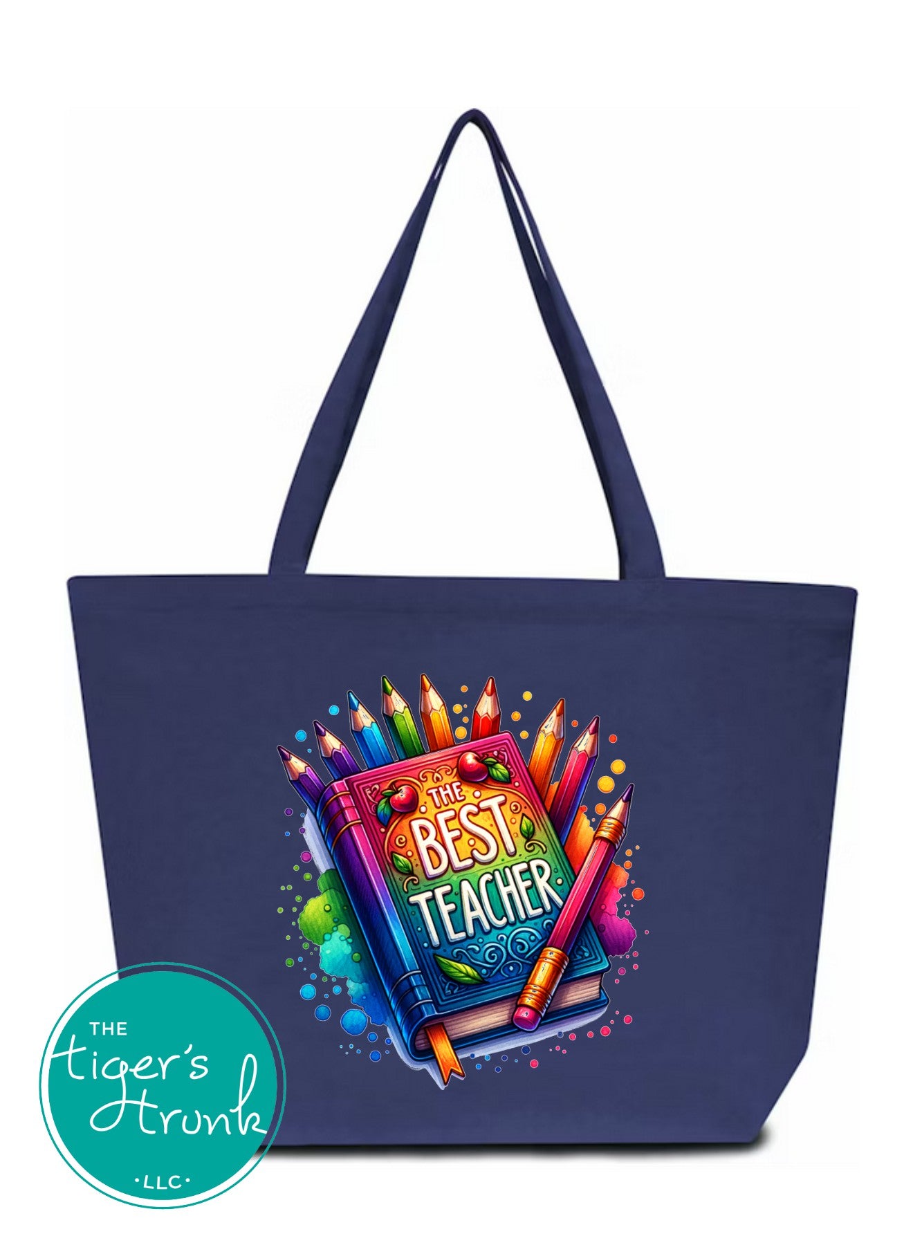

Heavy-duty cotton canvas tote bag with colorful "The Best Teacher" graphic, features gusset and long handles for classroom or everyday use
