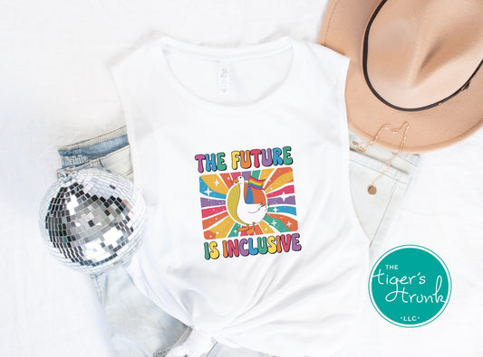 Muscle tank with rainbow lettering that says “The Future Is Inclusive,” LGBTQ+ sleeveless Pride shirt for marches, gym, and allyship
