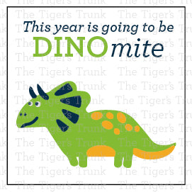 Back-to-school cards with a dinosaur theme featuring the message "This Year Is Going to Be Dinomite," ideal for teachers to give to students.