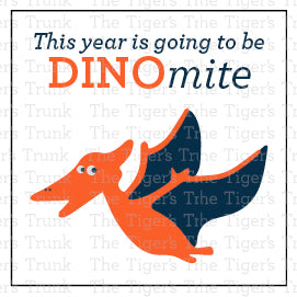 Back-to-school cards with a dinosaur theme featuring the message "This Year Is Going to Be Dinomite," ideal for teachers to give to students.