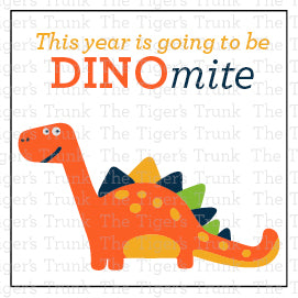 Back-to-school cards with a dinosaur theme featuring the message "This Year Is Going to Be Dinomite," ideal for teachers to give to students.