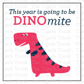 Back-to-school cards with a dinosaur theme featuring the message "This Year Is Going to Be Dinomite," ideal for teachers to give to students.