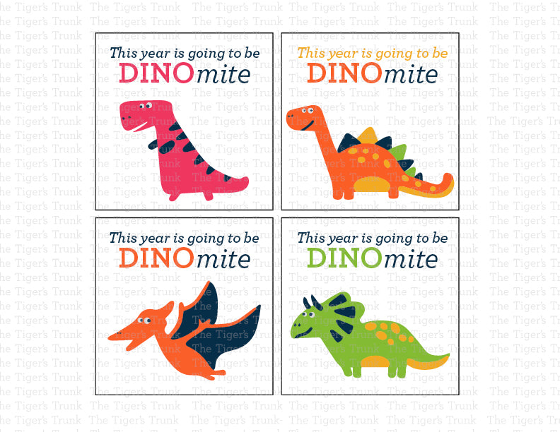 Back-to-school cards with a dinosaur theme featuring the message "This Year Is Going to Be Dinomite," ideal for teachers to give to students.