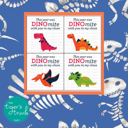 Back-to-school cards with a dinosaur theme featuring the message "This Year Was Dinomite with You in My Class," ideal for teachers to give to students.