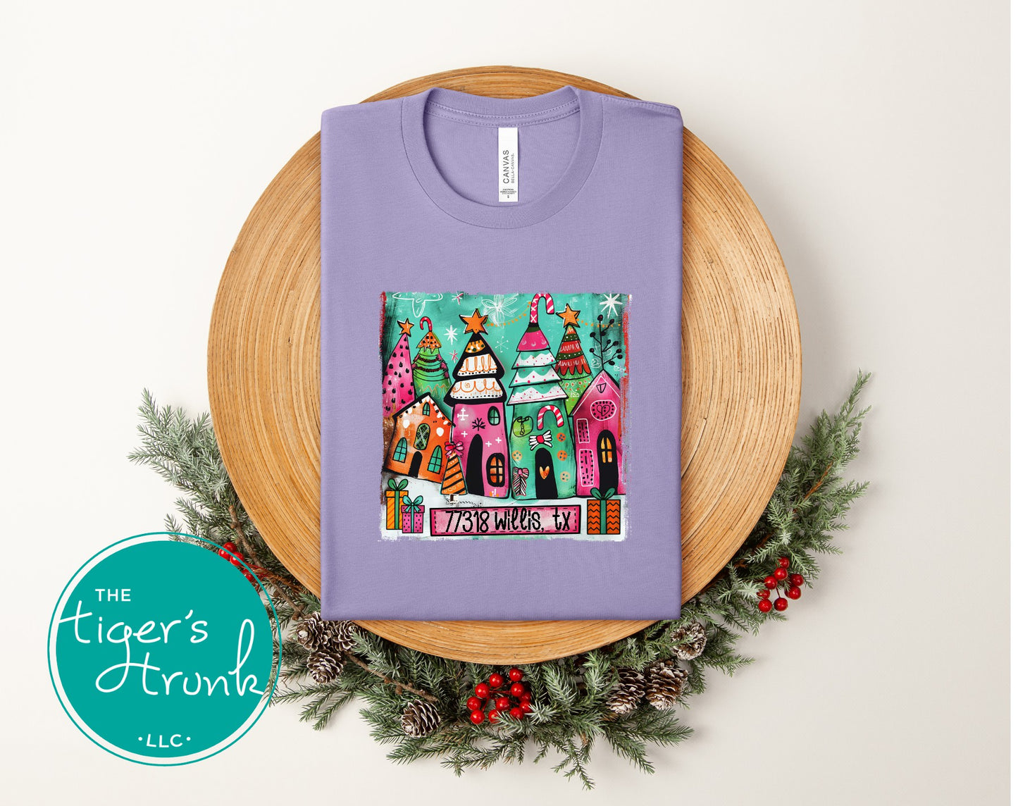 Dark lavender Christmas shirt with whimsical holiday houses and trees, personalized with ZIP code 77318 Willis, TX.