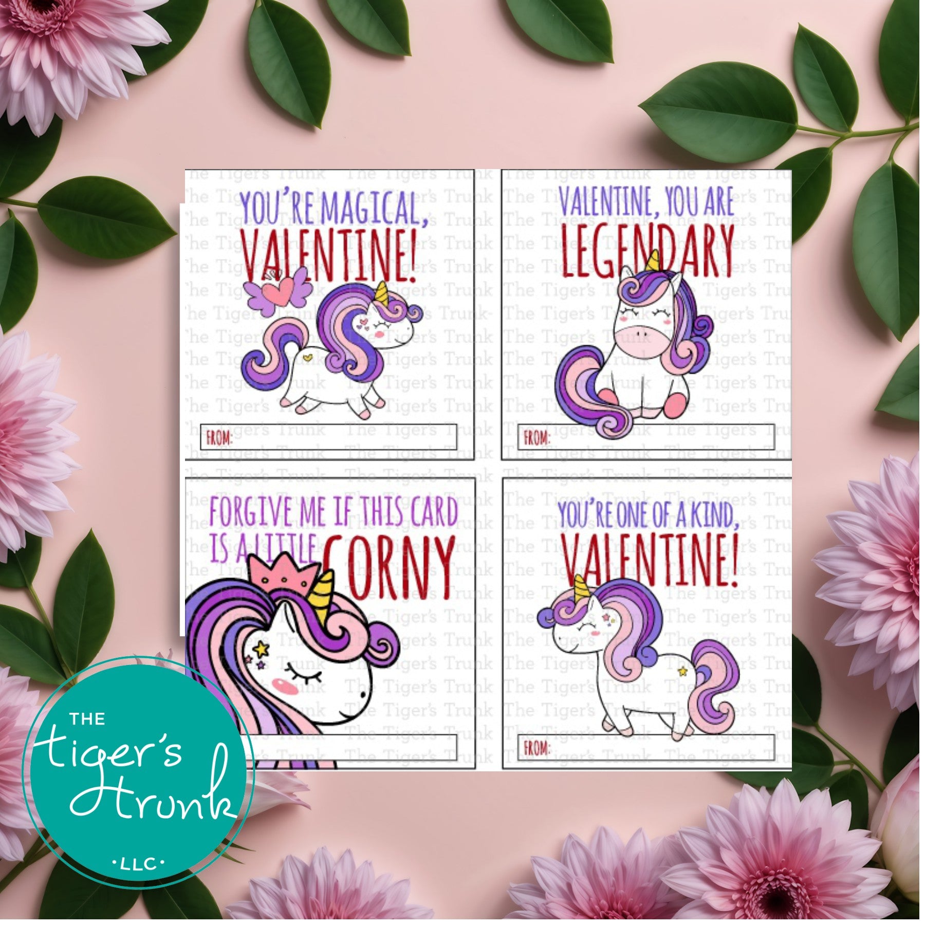 Printable unicorn-themed Valentine’s tags featuring messages like "You're Magical" and "You Are Legendary."