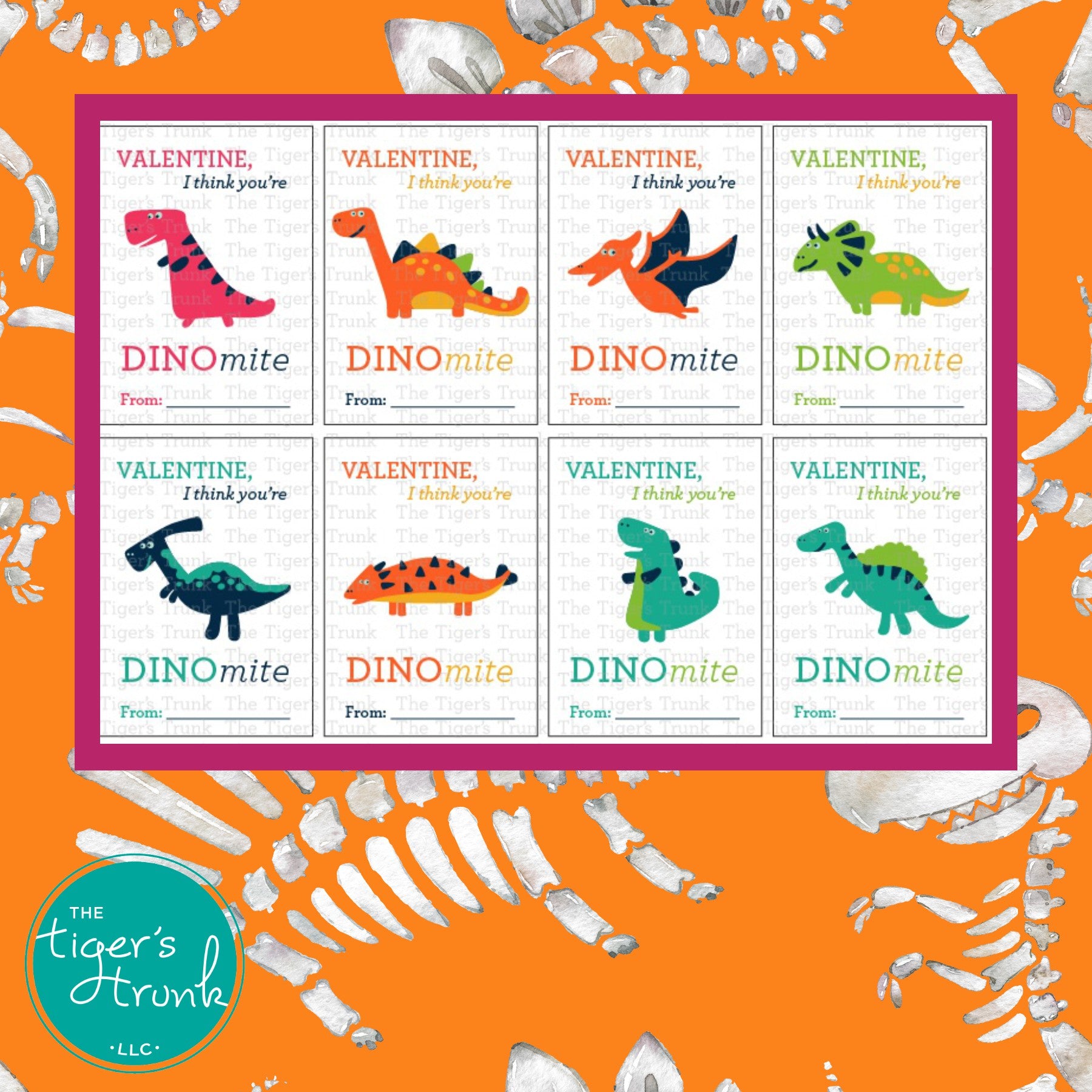 Printable dinosaur Valentine cards with colorful designs and the phrase "Valentine, I Think You’re DINOmite!" Instant download.