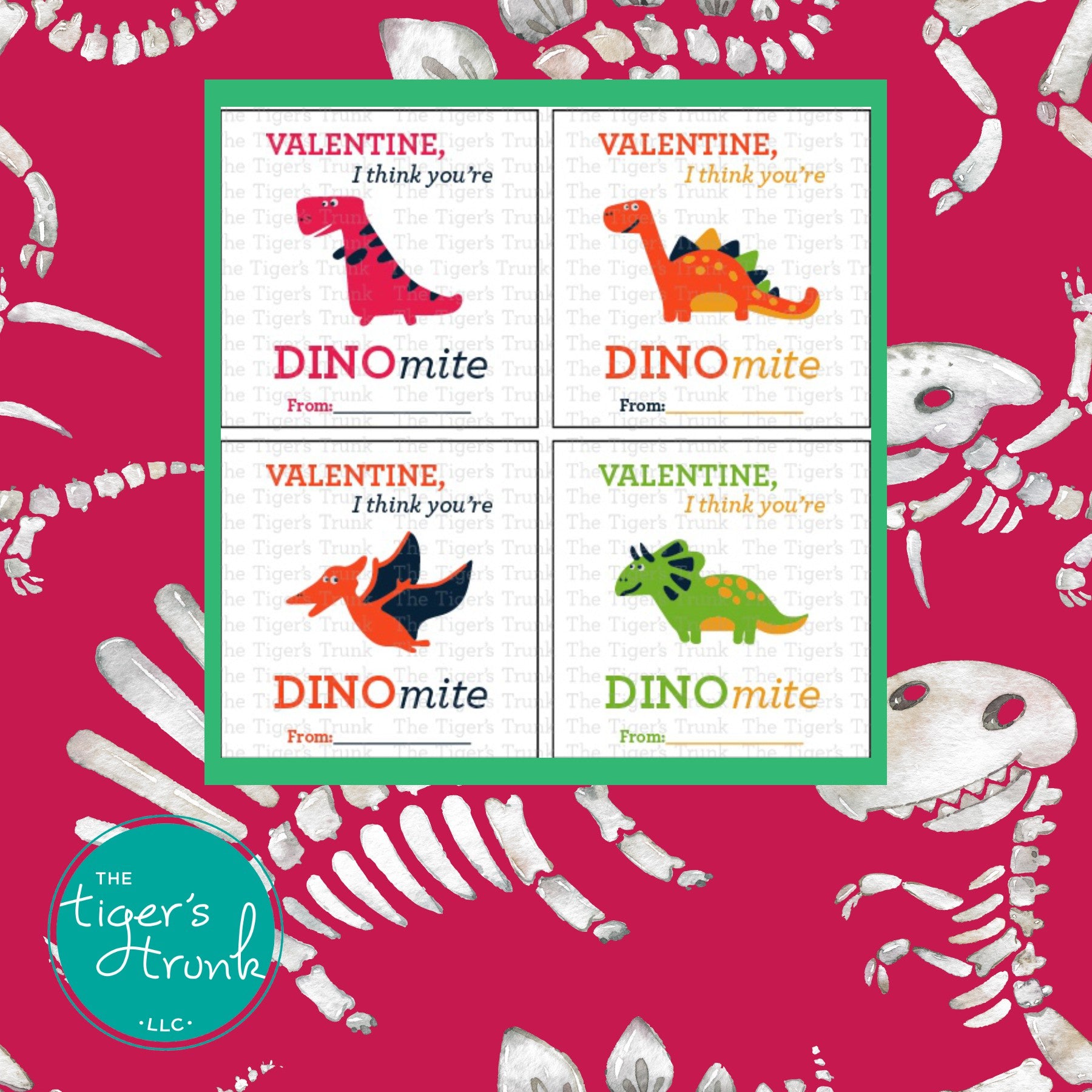 Printable Valentine tags with colorful dinosaur designs and the phrase "Valentine, I Think You’re DINOmite!" Perfect for kids, instant download.
