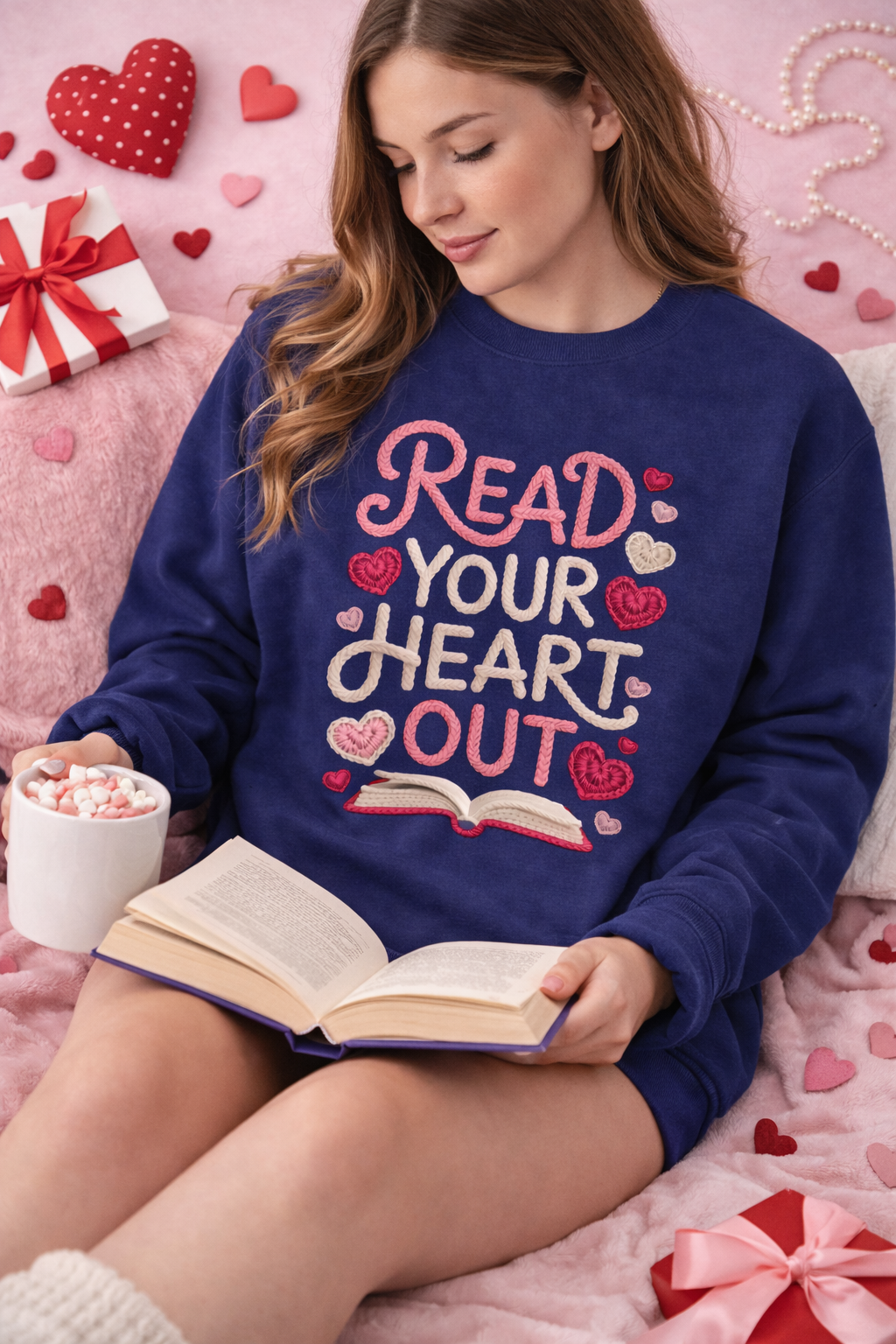 Woman wearing a blue sweatshirt with 'Read Your Heart Out' text, sitting on a pink surface with heart decorations.