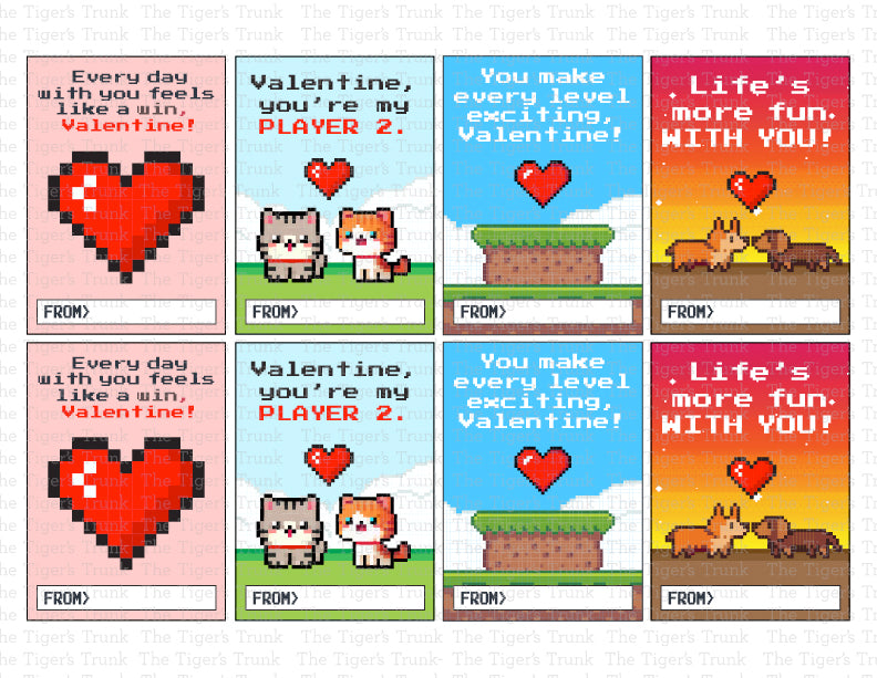 Valentine’s cards with a video game theme featuring messages like "You Make Every Level Exciting" and "Valentine You’re My Player 2."