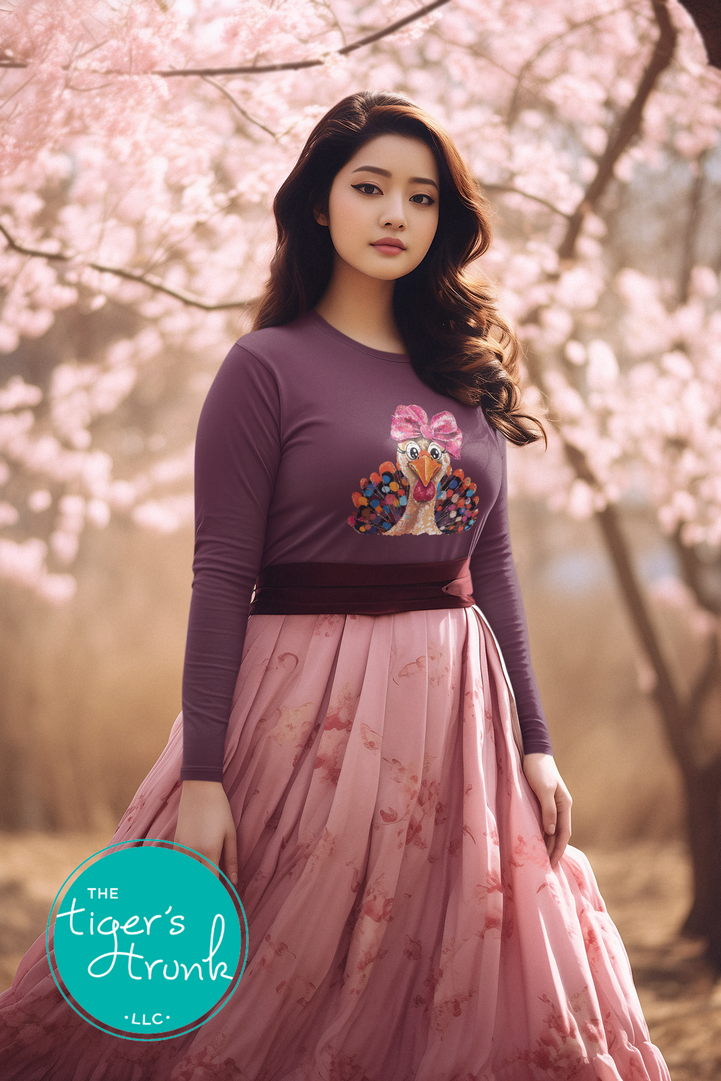 Watercolor turkey shirt with pink bow, colorful fall Thanksgiving tee available in multiple colors