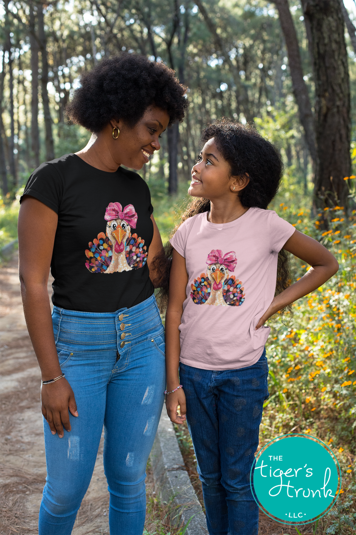 Watercolor turkey shirt with pink bow, colorful fall Thanksgiving tee available in multiple colors