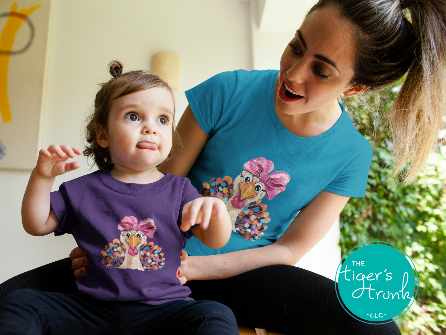 Watercolor turkey shirt with pink bow, colorful fall Thanksgiving tee available in multiple colors