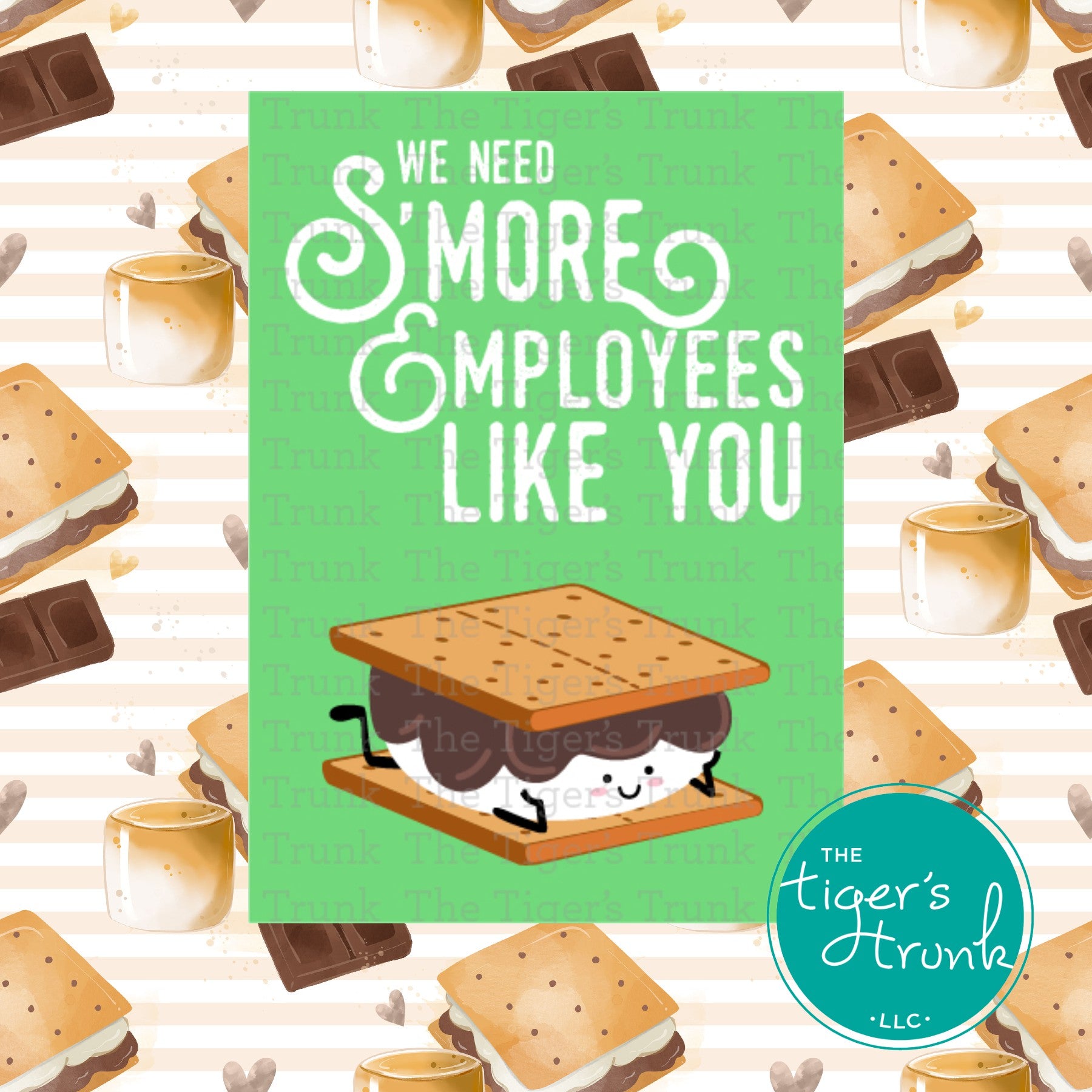 Printable employee appreciation card featuring a s’mores-themed design with We Need S’More Employees Like You! message