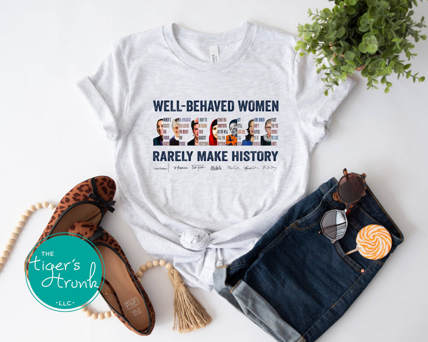 Feminist t-shirt featuring a powerful message with illustrations of history-making women, activist statement apparel