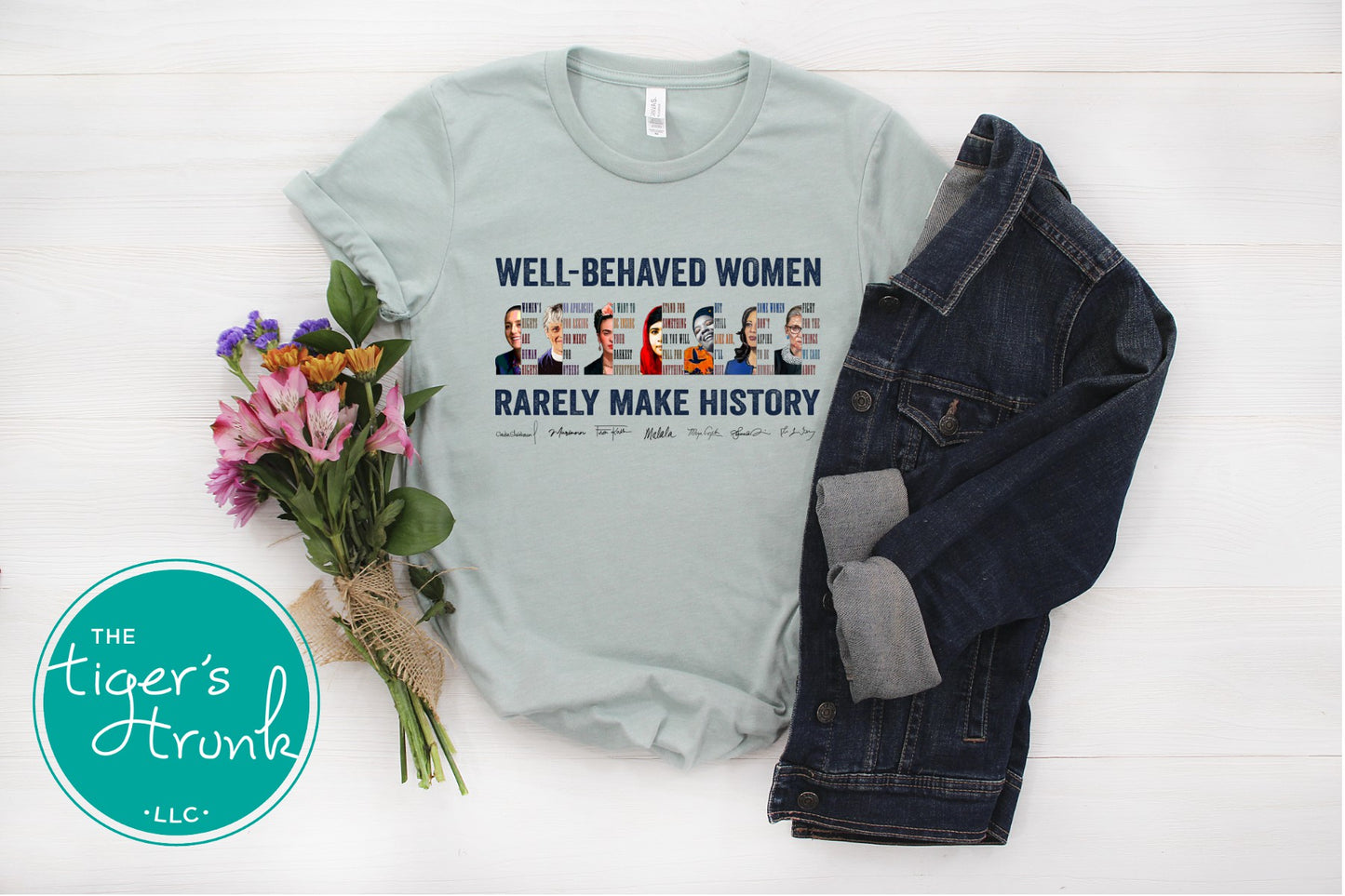 Feminist t-shirt featuring a powerful message with illustrations of history-making women, activist statement apparel