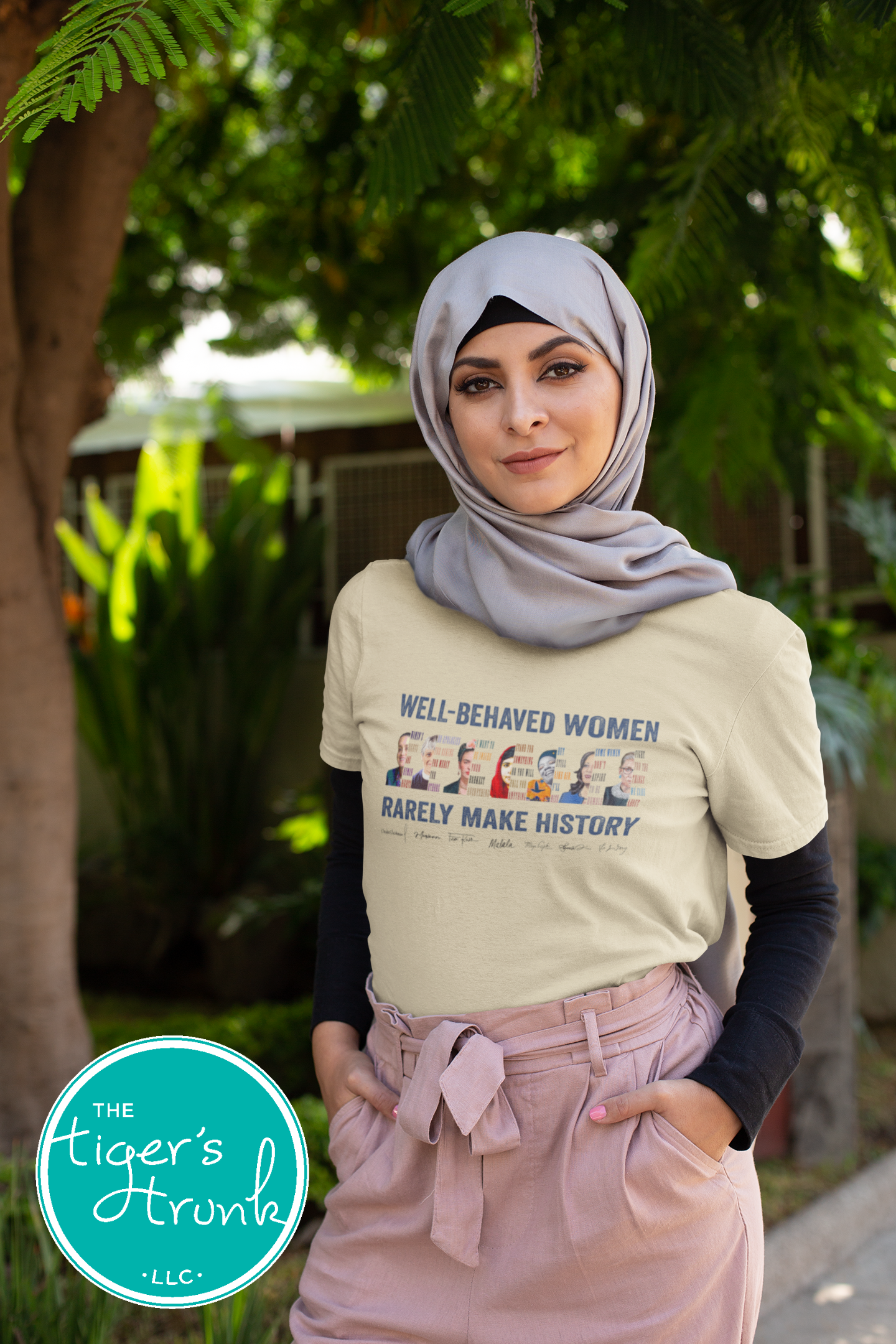 Feminist t-shirt featuring a powerful message with illustrations of history-making women, activist statement apparel