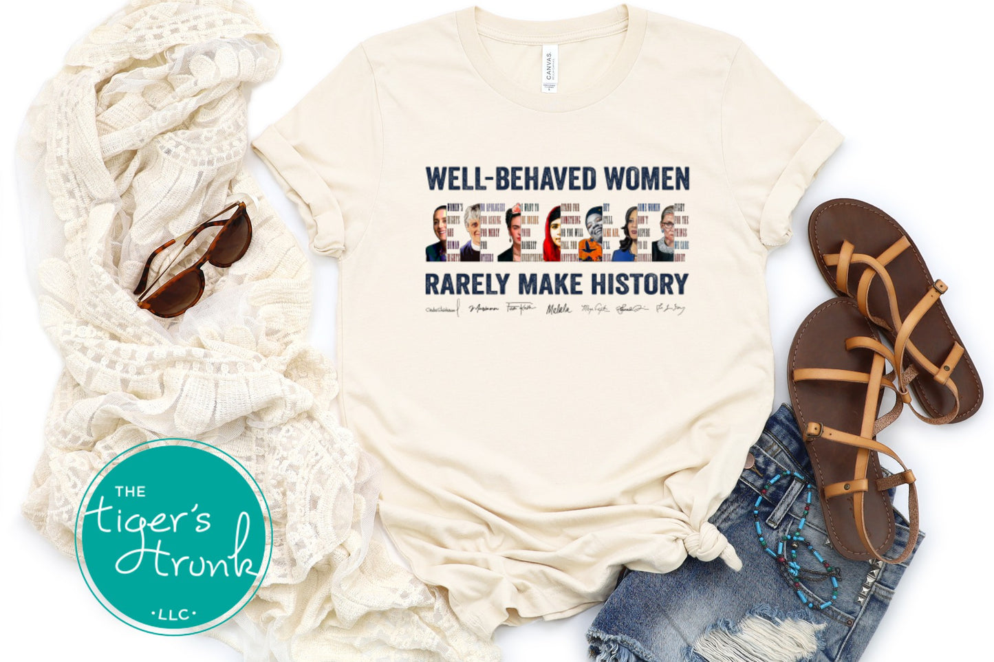 Feminist t-shirt featuring a powerful message with illustrations of history-making women, activist statement apparel