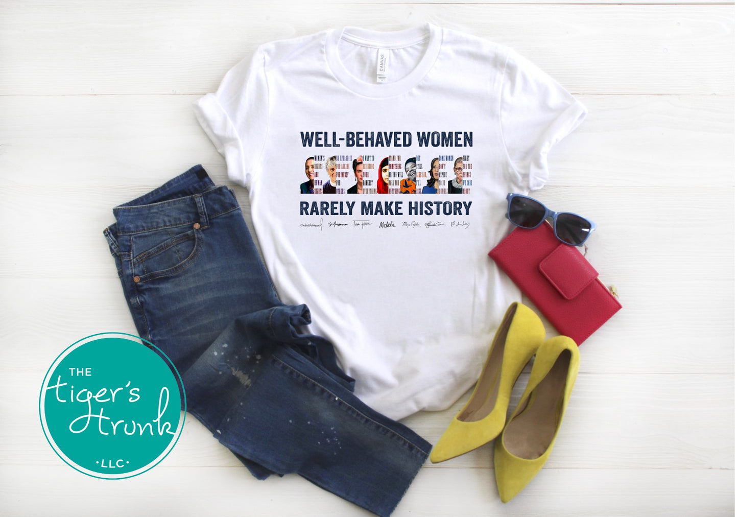 Feminist t-shirt featuring a powerful message with illustrations of history-making women, activist statement apparel