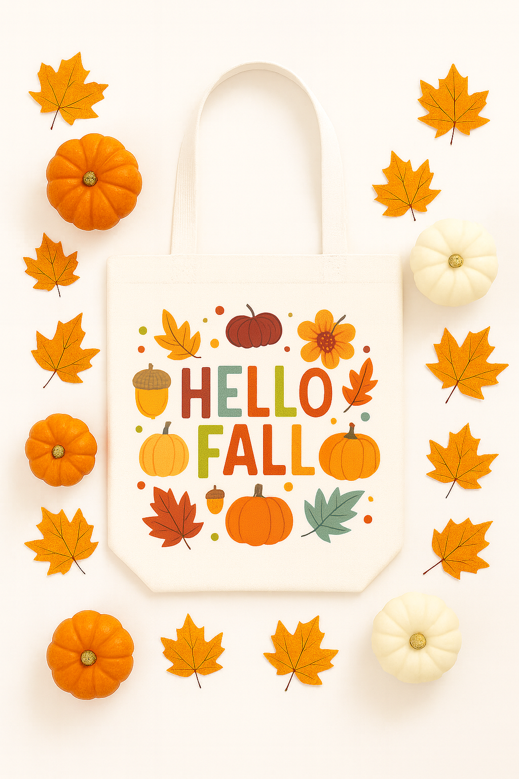 White Canvas Bag Mockup PNG with Fall Décor