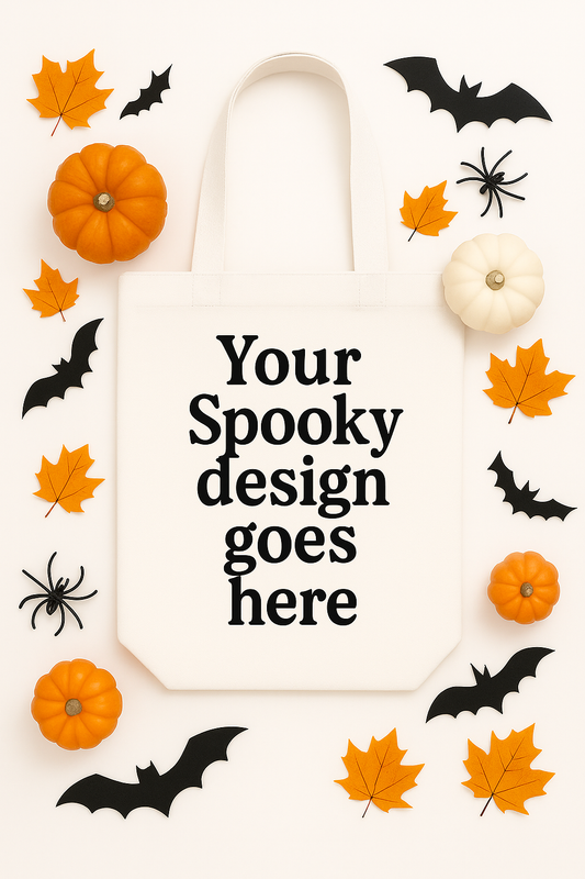 White tote bag with Halloween-themed decorations including pumpkins, leaves, and bats on a white background.