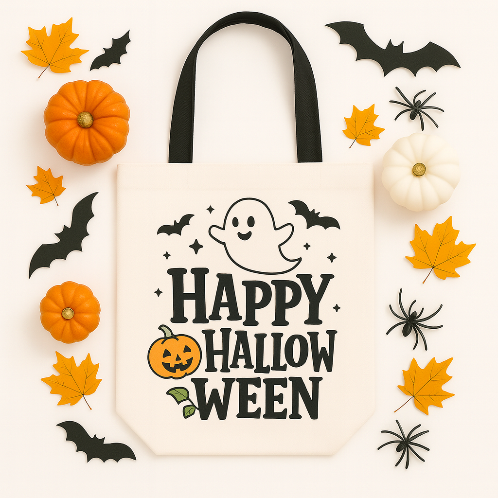 White and Black Canvas Bag Mockup PNG with Halloween Décor